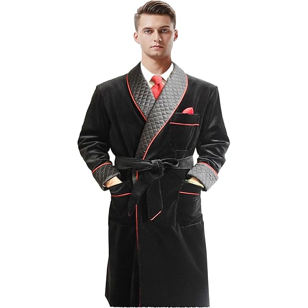 Men's Silky Satin Smoking Jacket (Small, Black Brocade Design) at